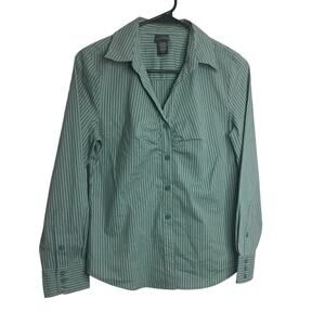 Worthington Women Top SP White Green Striped Button Front Long Sleeve Shirt